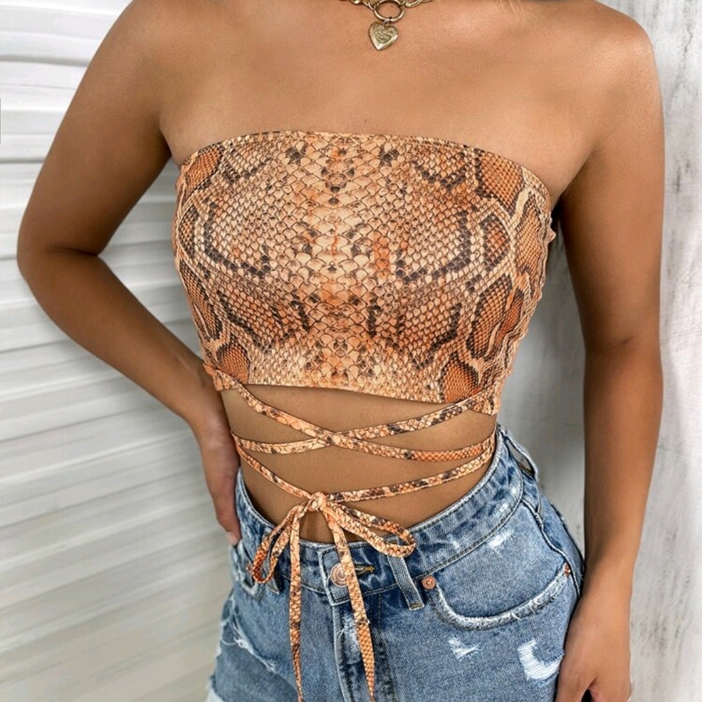 Snake Print Strapless Crop Top